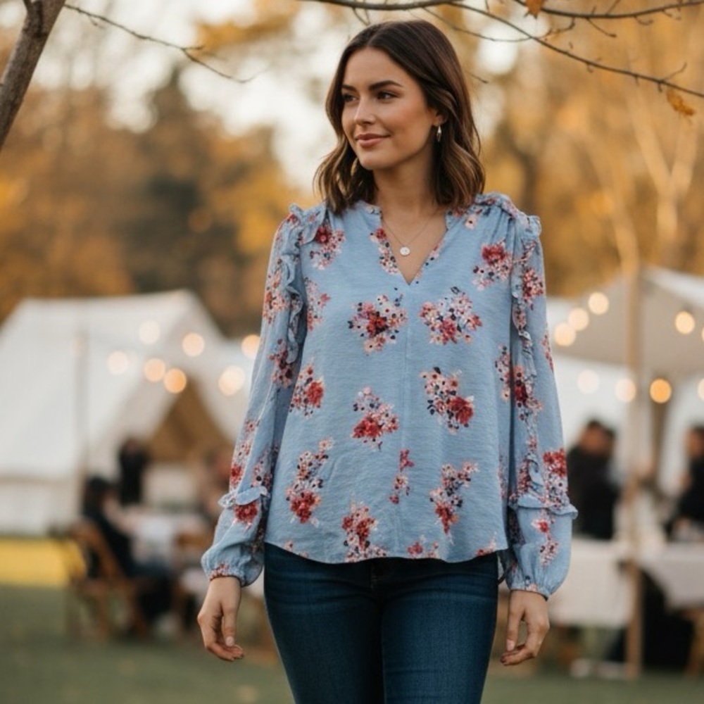 Ann Taylor S soft blue floral ruffle sleeve georgette lined blouse cottage